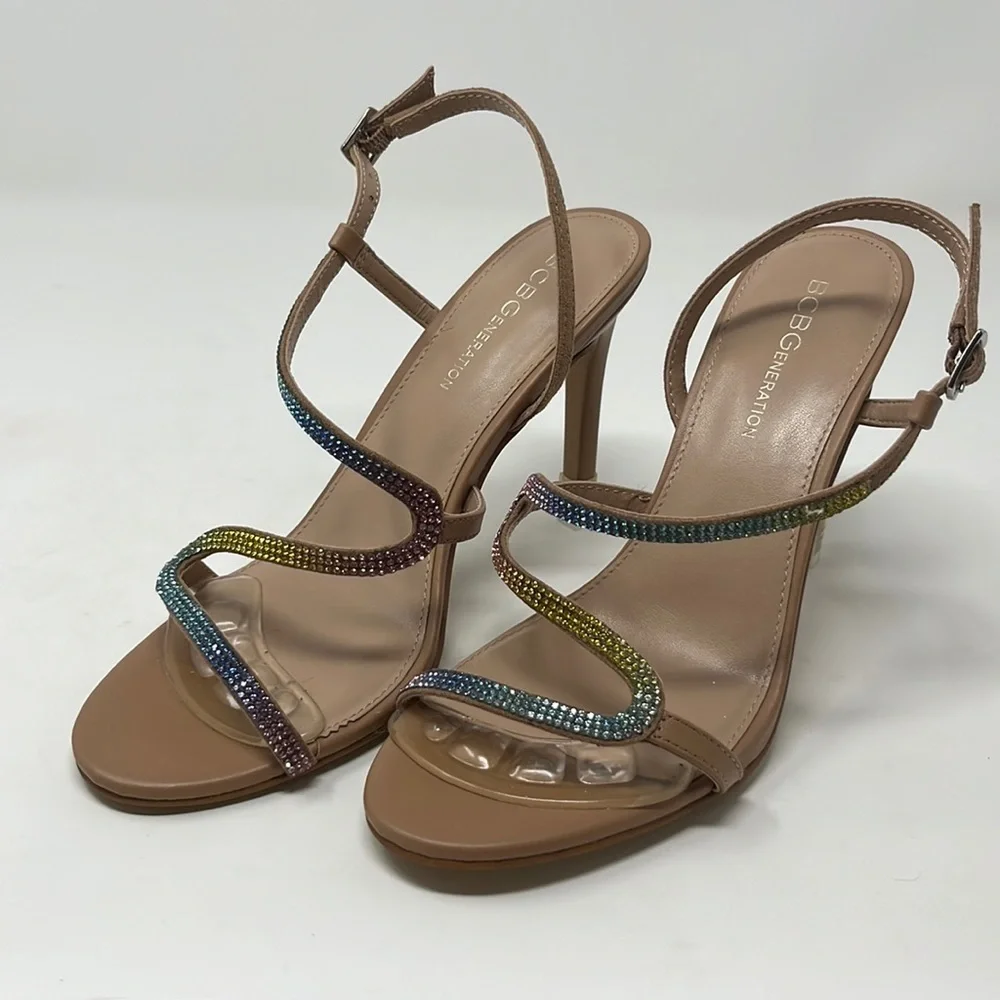NWOT. BCBG Tan Rainbow Strap Heel Sandals Size 8